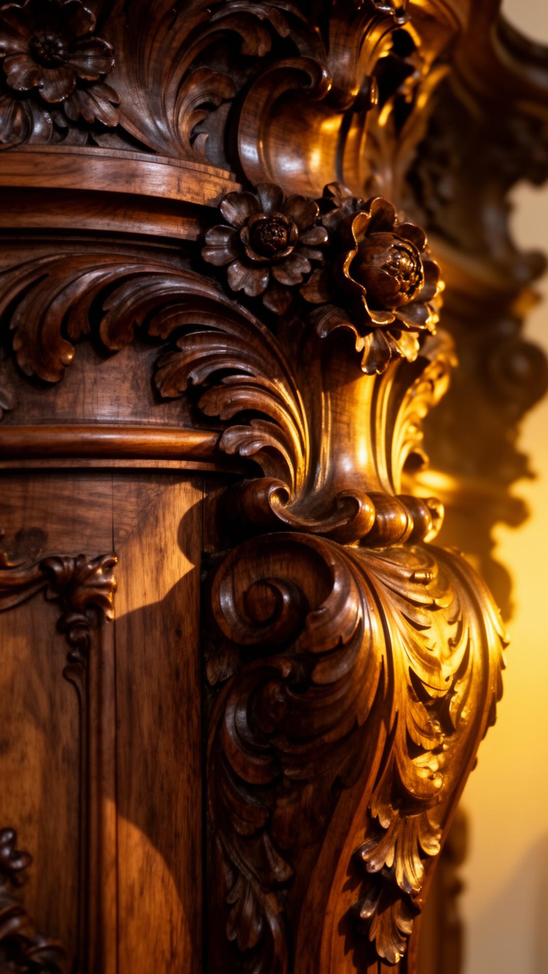 Sculpture viennoise sur bois — détail de marqueterie et acanthes ciselées par les maîtres ébénistes Bois Brut